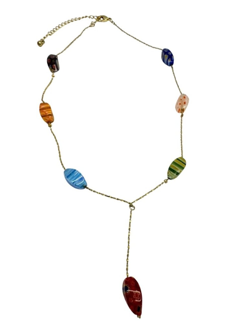 Multicolored Glass Bead Millefiore Necklace With Gold Tone Chain